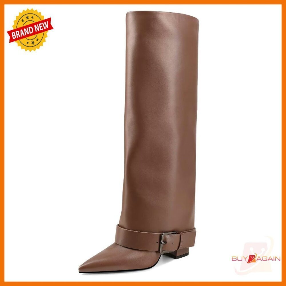 Knee High Boots Fold Over Chunky Heel Wide Calf Pointed Toe Belt Buckle